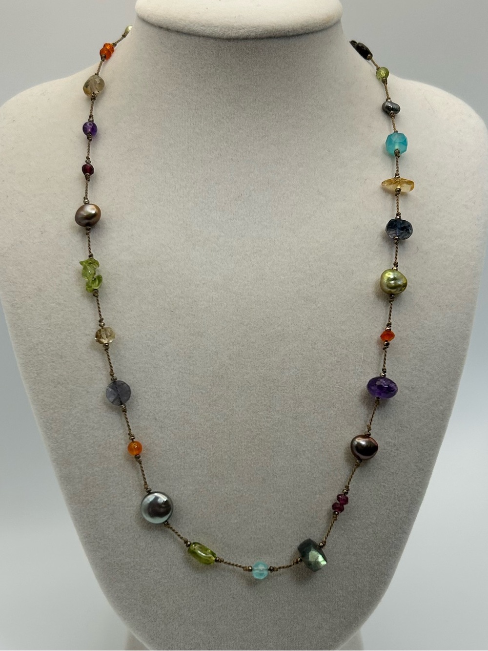 Vintage Multicolor Bead Station Necklace Dainty 15" - 17" Twisted Cord Chain